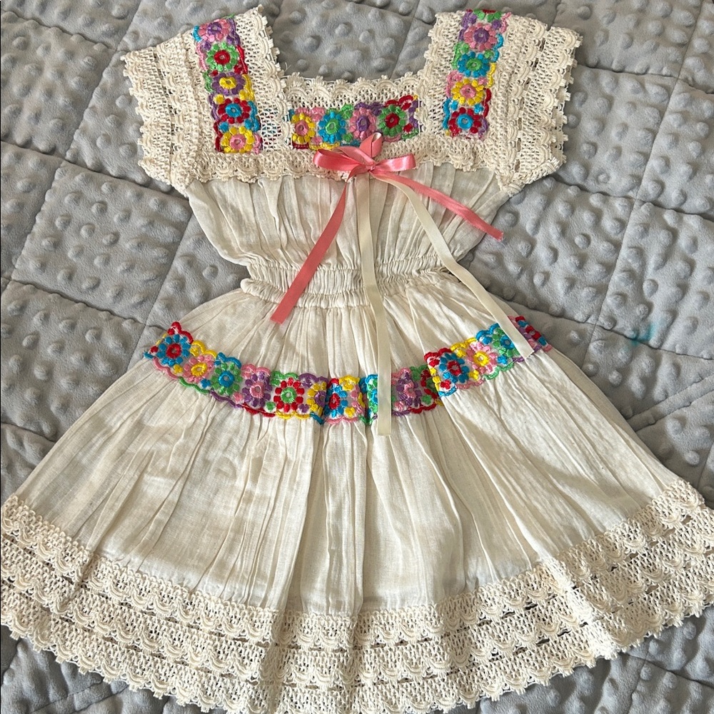Cream Dress with Colorful Floral Embroidery